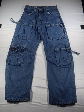 ZARA Men’s Blue Cargo Denim Jeans Zip Pockets Baggy Fit Ankle Straps Size 31